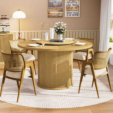 55 Inch Round Dining Table for Six with Rotating Tray and Double Tier Storage Rack Walnut Dining Room Table Natural