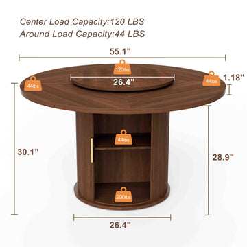55 Inch Round Dining Table for Six with Rotating Tray and Double Tier Storage Rack Walnut Dining Room Table