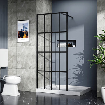 Walk in Shower Screen 34 Inch W x 72 Inch H Tempered Glass Black Finish Fixed Panel