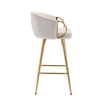26 Inch Set of 2 Velvet Bar Stools with Chrome Footrest and Golden Base Counter Height Stools Cream