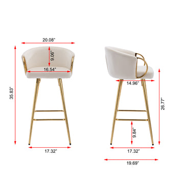 26 Inch Set of 2 Velvet Bar Stools with Chrome Footrest and Golden Base Counter Height Stools Cream