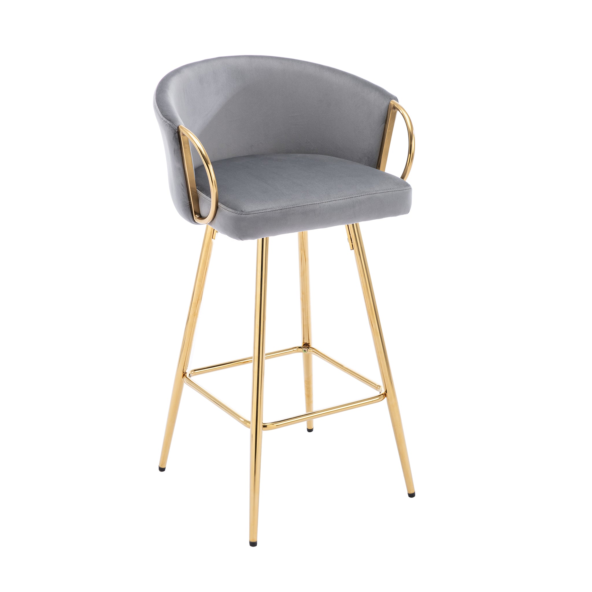 26 Inch Set of 2 Velvet Bar Stools with Chrome Footrest and Golden Base Counter Height Stools Grey