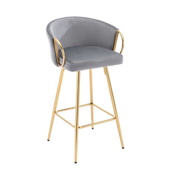 26 Inch Set of 2 Velvet Bar Stools with Chrome Footrest and Golden Base Counter Height Stools Grey