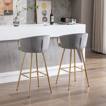 26 Inch Set of 2 Velvet Bar Stools with Chrome Footrest and Golden Base Counter Height Stools Grey