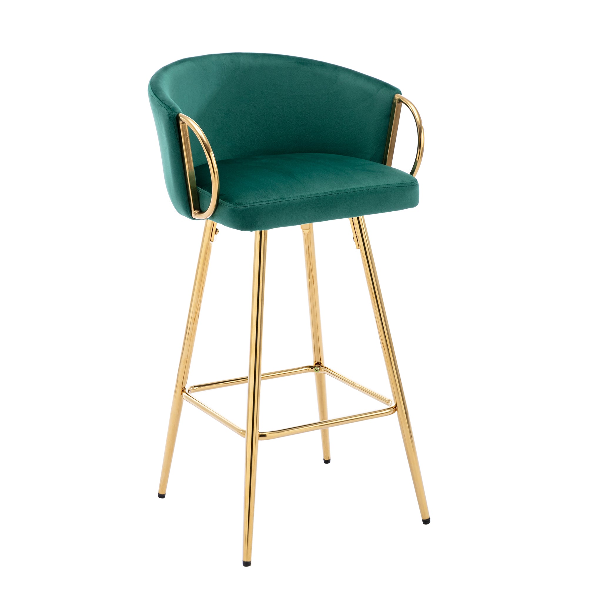 26 Inch Set of 2 Velvet Bar Stools with Chrome Footrest and Golden Base Counter Height Stools Green