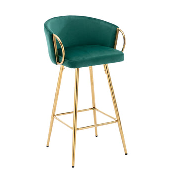 26 Inch Set of 2 Velvet Bar Stools with Chrome Footrest and Golden Base Counter Height Stools Green