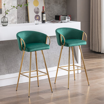 26 Inch Set of 2 Velvet Bar Stools with Chrome Footrest and Golden Base Counter Height Stools Green