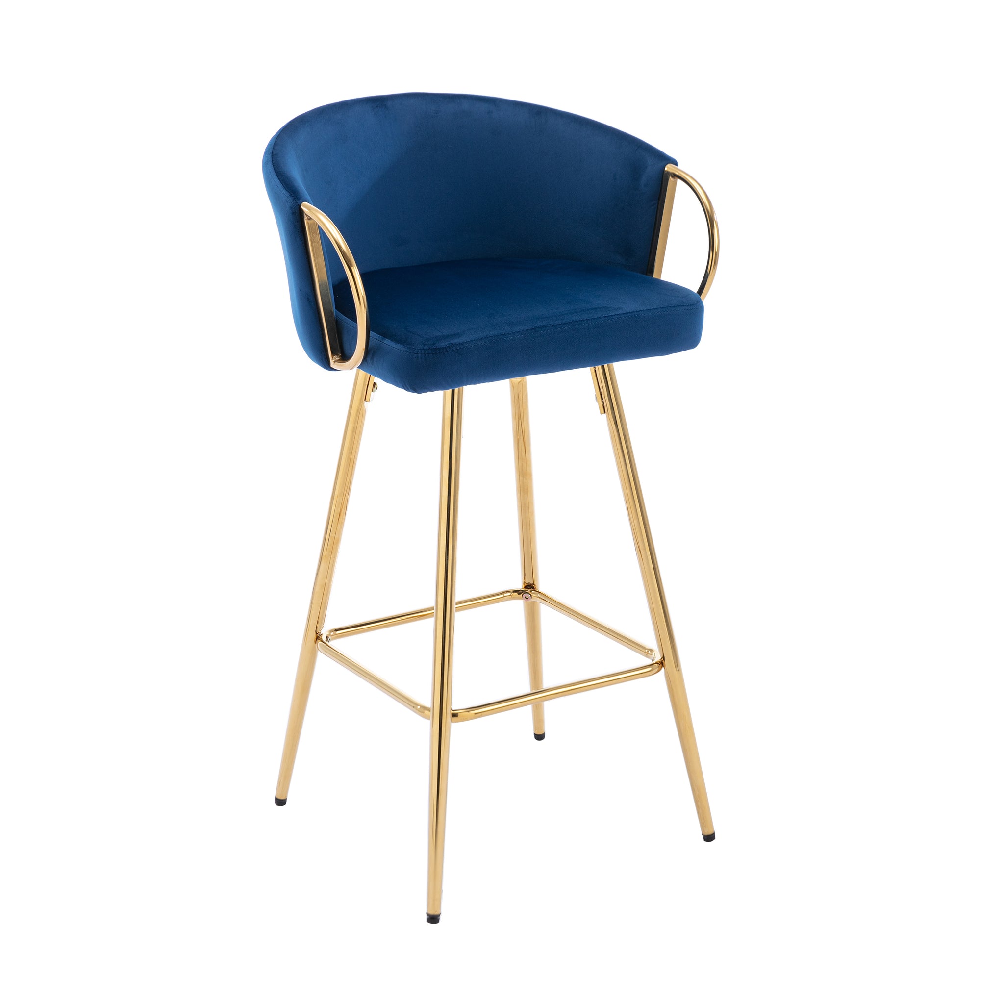 26 Inch Set of 2 Velvet Bar Stools with Chrome Footrest and Golden Base Counter Height Stools Blue