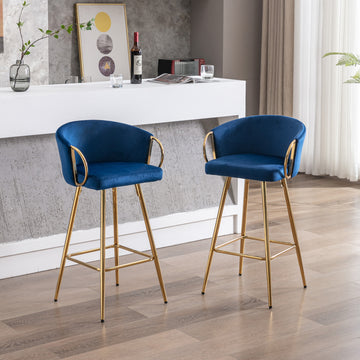 26 Inch Set of 2 Velvet Bar Stools with Chrome Footrest and Golden Base Counter Height Stools Blue