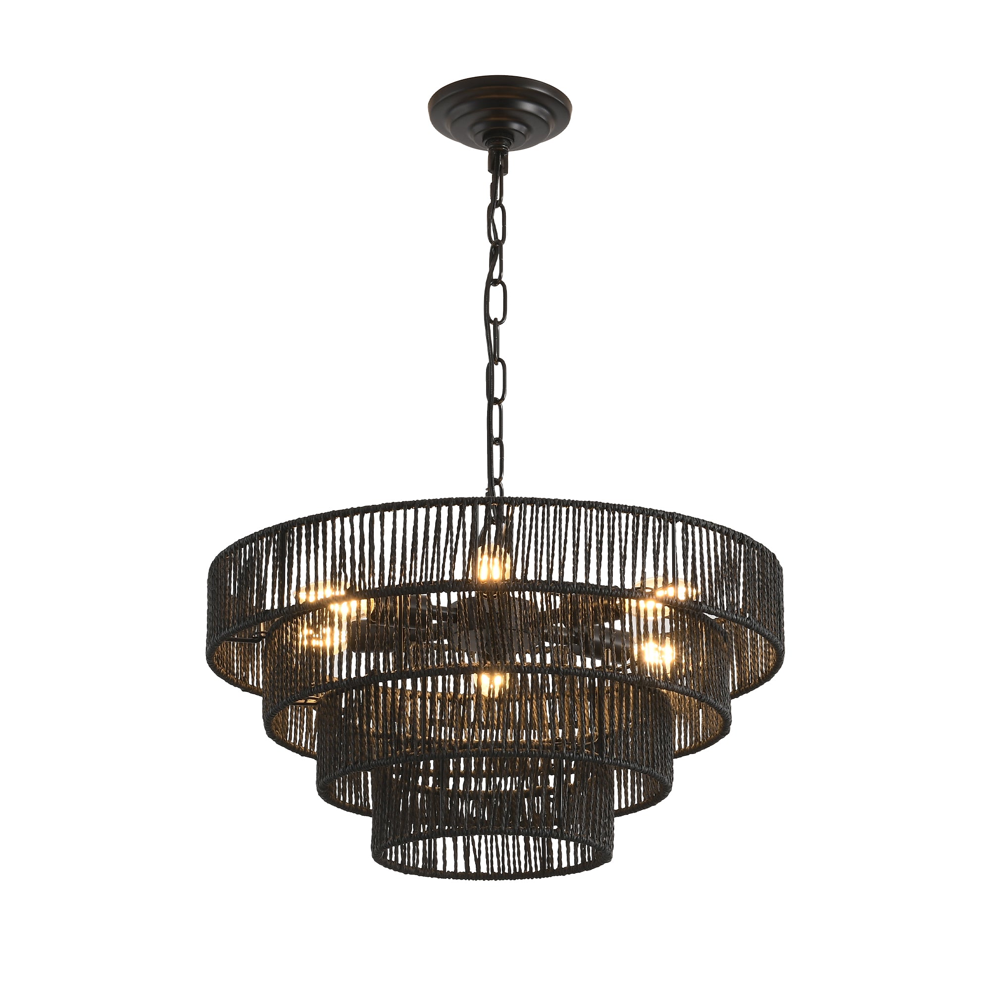 20 Inch Rustic 4 Tier Black Hemp Rope Pendant Light with 6 E12 Sockets Handmade Boho Chandelier for Dining Room Kitchen Foyer