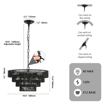 20 Inch Rustic 4 Tier Black Hemp Rope Pendant Light with 6 E12 Sockets Handmade Boho Chandelier for Dining Room Kitchen Foyer
