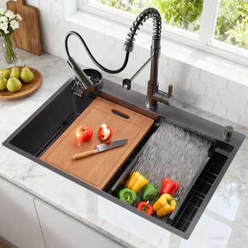 33 Inch Gunmetal Black Waterfall Workstation Kitchen Sink with Pull Out Faucet Single Bowl Drop In Stainless Steel
