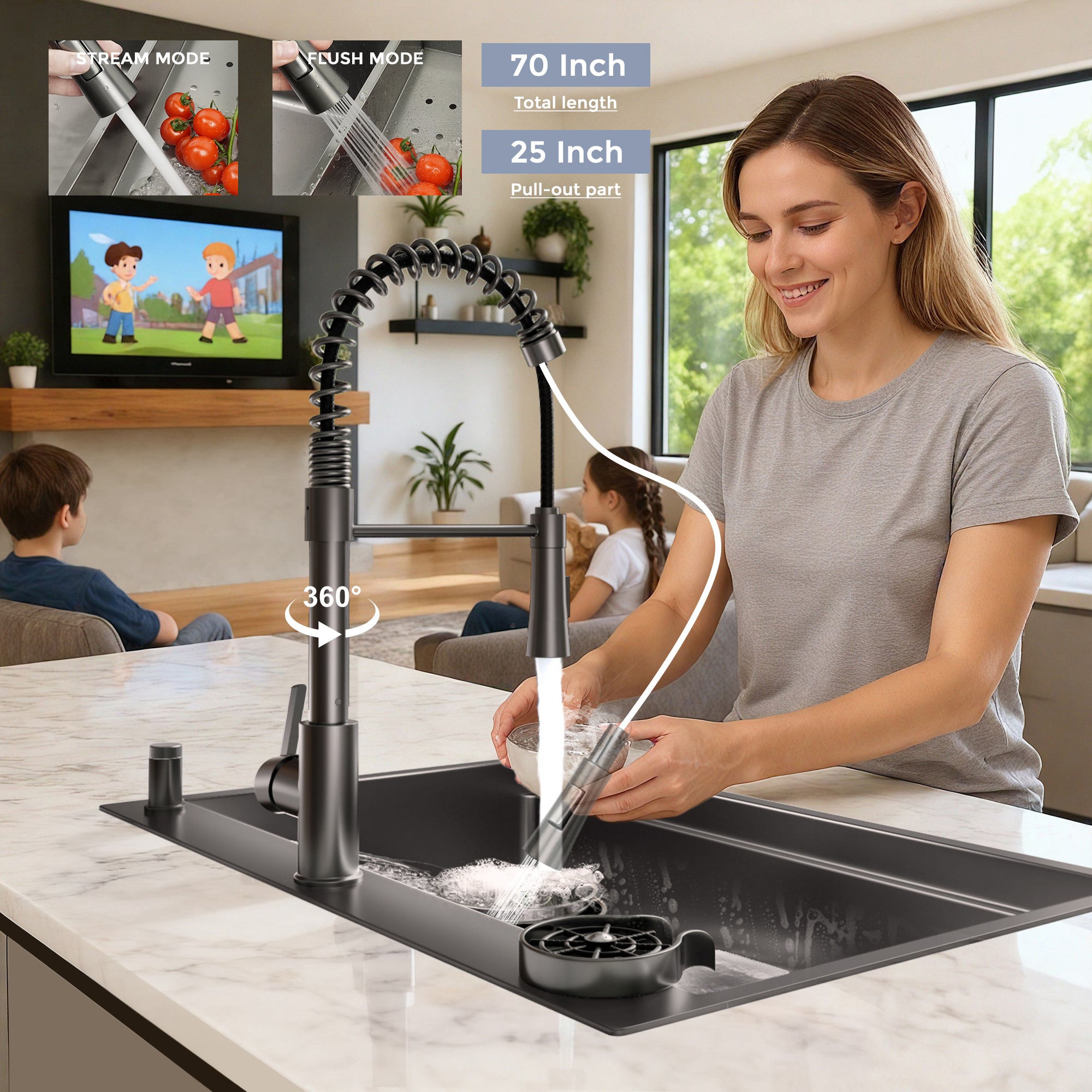 33 Inch Gunmetal Black Waterfall Workstation Kitchen Sink with Pull Out Faucet Single Bowl Drop In Stainless Steel