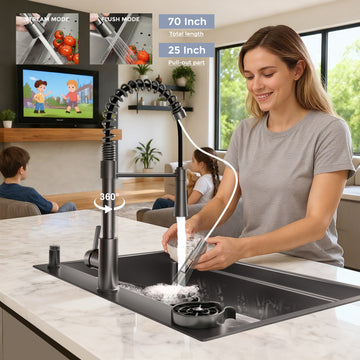 33 Inch Gunmetal Black Waterfall Workstation Kitchen Sink with Pull Out Faucet Single Bowl Drop In Stainless Steel