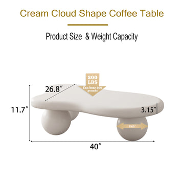 40 Inch Cloud Shaped Coffee Table with Ball Legs Cream White MDF Living Room