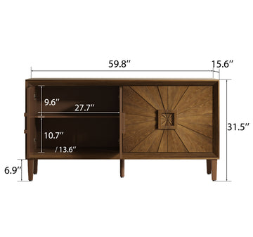 60 Inch Rustic Farmhouse Credenza with Symmetrical Sunburst Doors Adjustable Shelves Heavy Duty Wood TV Stand for Living Room Kitchen Antique Brown
