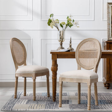 Cream French Style Solid Wood Frame Linen Fabric Rattan Back Dining Chair Set of 2