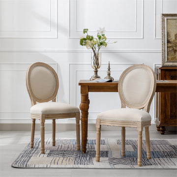 Cream French Style Solid Wood Frame Linen Fabric Oval Back Dining Chair Set of 2
