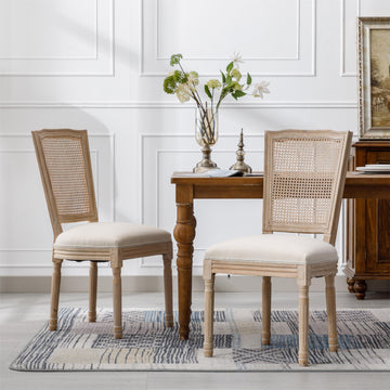 Cream French Style Solid Wood Frame Linen Fabric Square Rattan Back Dining Chair Set of 2