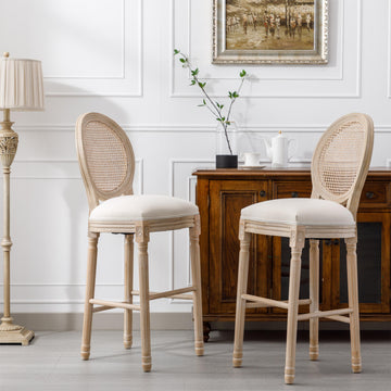 46.46 in.H Beige and Natural French Country Wooden Bar Stools Rattan Back With Upholstered Seating Set of 2