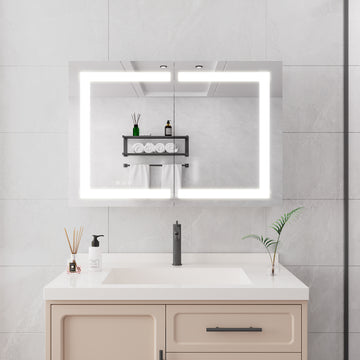Bathroom Medicine Cabinet with LED Mirror Lights 36x24 Inch Double Door Wall Mount with Defogger
