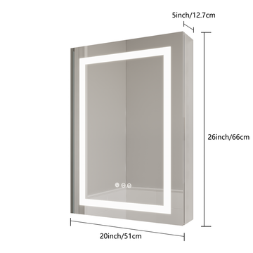 26x20 Inch Bathroom Medicine Cabinet with LED Mirror Single Door Left Open Anti Fog Waterproof