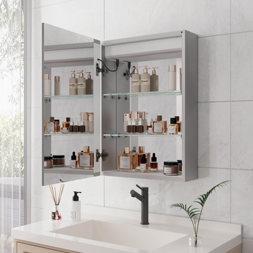 Bathroom Medicine Cabinet with LED Mirror Lights 28x20 Inch with Defogger Dimmer Clock Temp Display