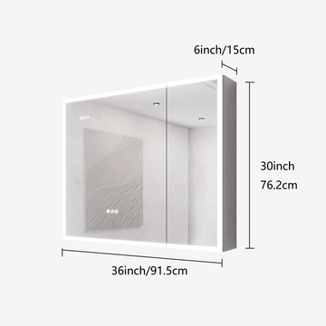 Bathroom Medicine Cabinet with LED Mirror Lights 36x30 Inch Double Door with Defogger USB Clock