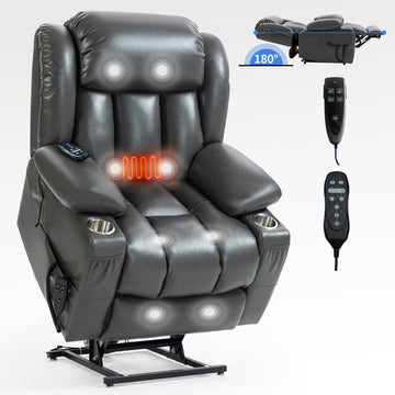 Power Lift Recliner Chair Heavy Duty Motion Mechanism with 8-Point Vibration Massage and Lumbar Heating Stainless steel Cup Holders