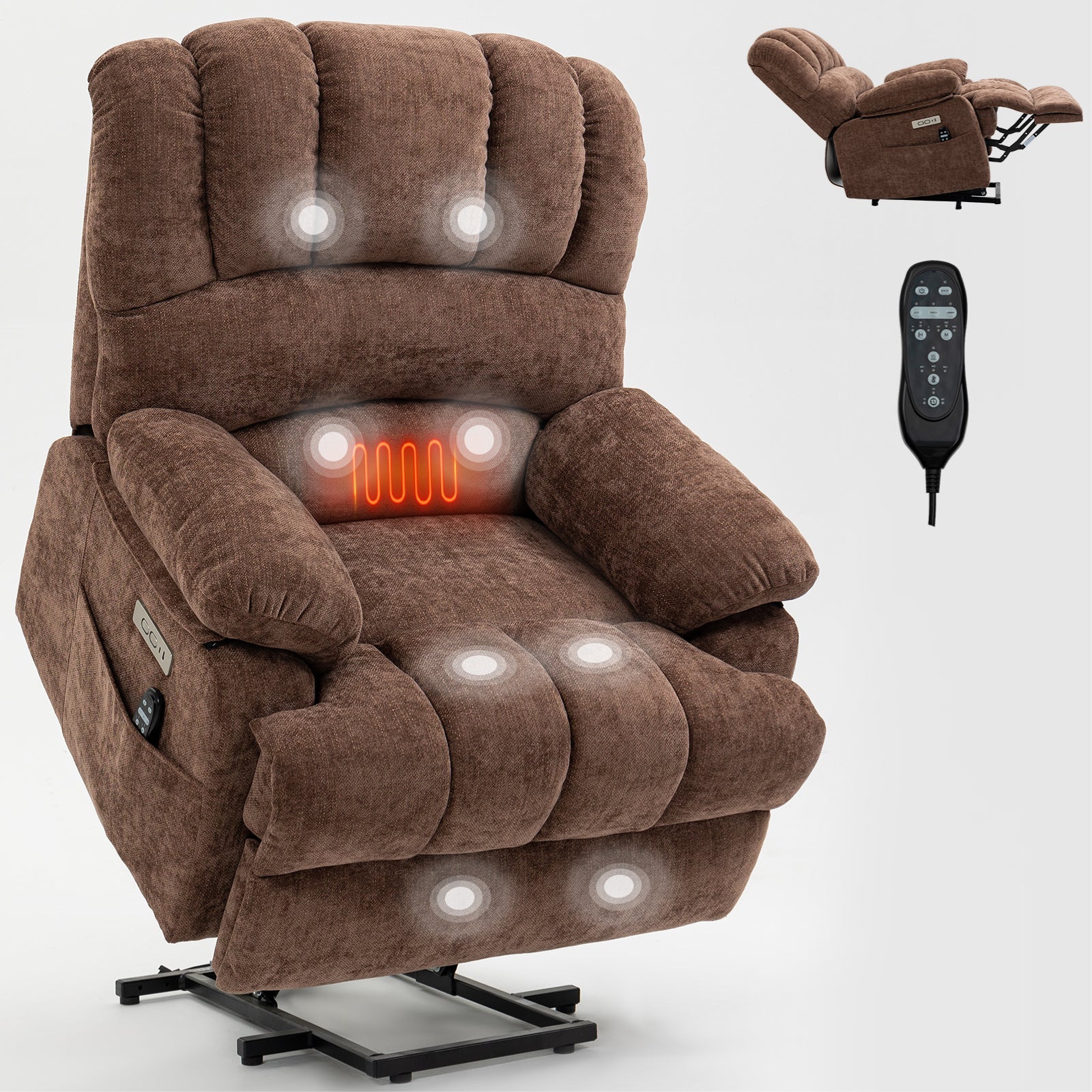 Brown Large Size Chenille Power Lift Recliner Chair with 8 Point Vibration Massage and Lumbar Heating