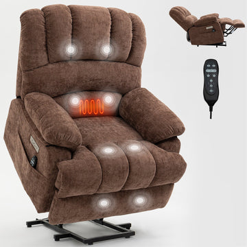 Brown Large Size Chenille Power Lift Recliner Chair with 8 Point Vibration Massage and Lumbar Heating