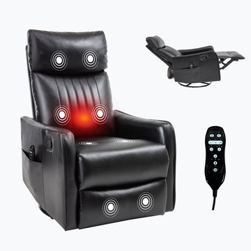 Black Faux Leather Heat Massage Manual Recliner Chair with Rocker and Swivel for Living Room