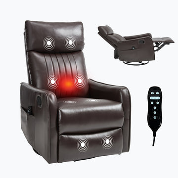 Brown Faux Leather Heat Massage Manual Recliner Chair with Rocker and Swivel in Fabric for Living Room