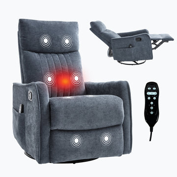 Blue Heat Massage Manual Recliner Chair with Rocker and Swivel in Fabric for Living Room