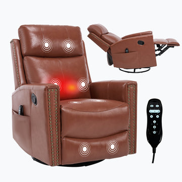 Red Gnuine Leather Heat Massage Manual Recliner Chair with Rocker and Swivel for Living Room