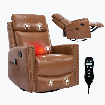Deep Yellow Gnuine Leather Heat Massage Manual Recliner Chair with Rocker and Swivel for Living Room