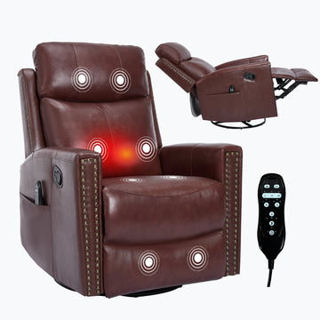 Wine Red Gnuine Leather Heat Massage Manual Recliner Chair with Rocker and Swivel for Living Room