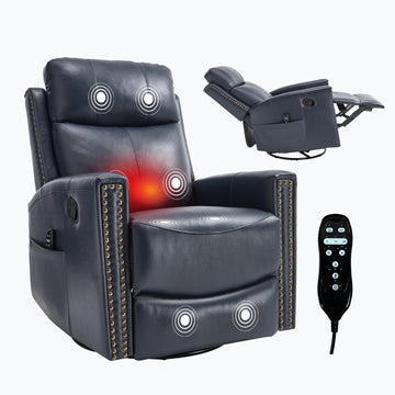 Blue Gnuine Leather Heat Massage Manual Recliner Chair with Rocker and Swivel for Living Room