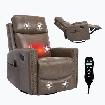 Brown Gnuine Leather Heat Massage Manual Recliner Chair with Rocker and Swivel for Living Room