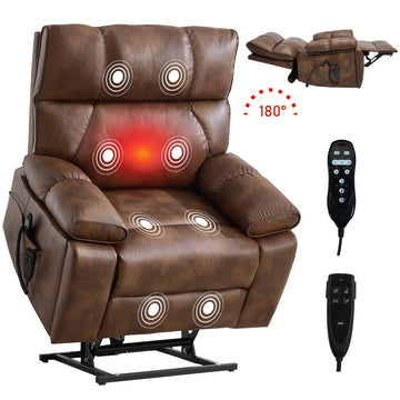 Brown Leatheraire Heat Massage Dual Motor Infinite Position Up to 350 LBS Large Electric Power Lift Recliners with Hidden Cup Holders and Power-Remote