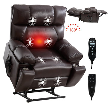 Brown Leatheraire Heat Massage Dual Motor Infinite Position Up to 350 LBS Large Electric Power Lift Recliners with Hidden Cup Holders and Power-Remote