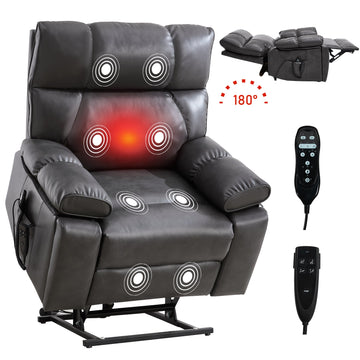 Dark Gray Leatheraire Heat Massage Dual Motor Infinite Position Up to 350 LBS Large Electric Power Lift Recliners with Hidden Cup Holders and Power-Remote