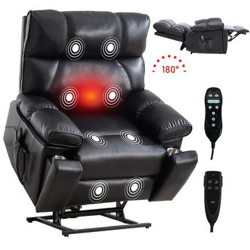 Black Leatheraire Heat Massage Dual Motor Infinite Position Up to 350 LBS Large Electric Power Lift Recliners with Hidden Cup Holders, Power-Remote, Medium-firm and Heavy Duty