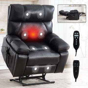 Black Leatheraire Heat Massage Dual Motor Infinite Position Up to 350 LBS Large Electric Power Lift Recliners with Hidden Cup Holders, Power-Remote, Medium-firm and Heavy Duty