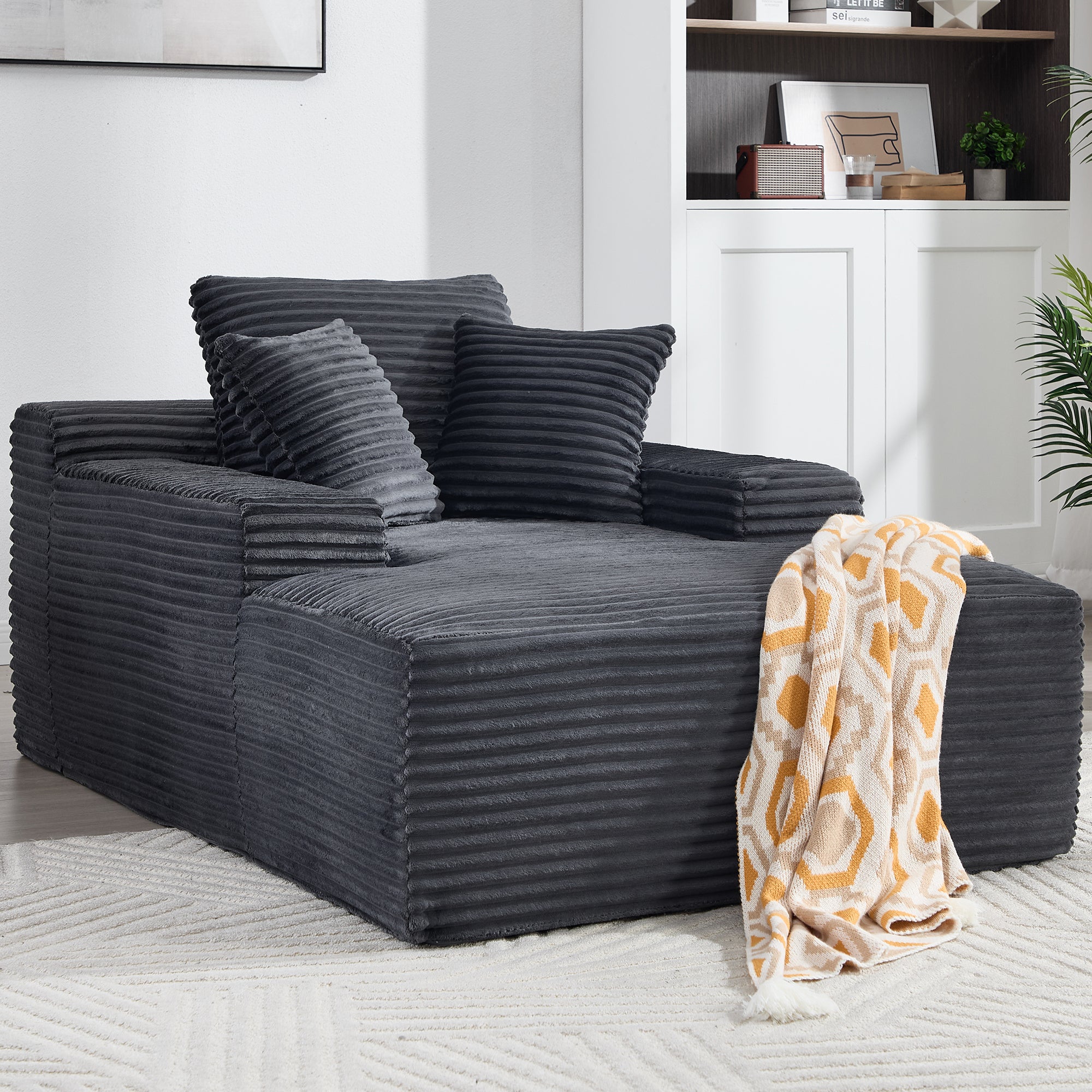 67 in. Chaise Lounge Chair 9.9 in. Wide Armrest Indoor Corduroy Oversized Sleeper Sofa for Living Room Deep Seat Lounge and Three Soft Pillows Convertible Boneless Sofa Bed, Deep Grey, No Assembly Required