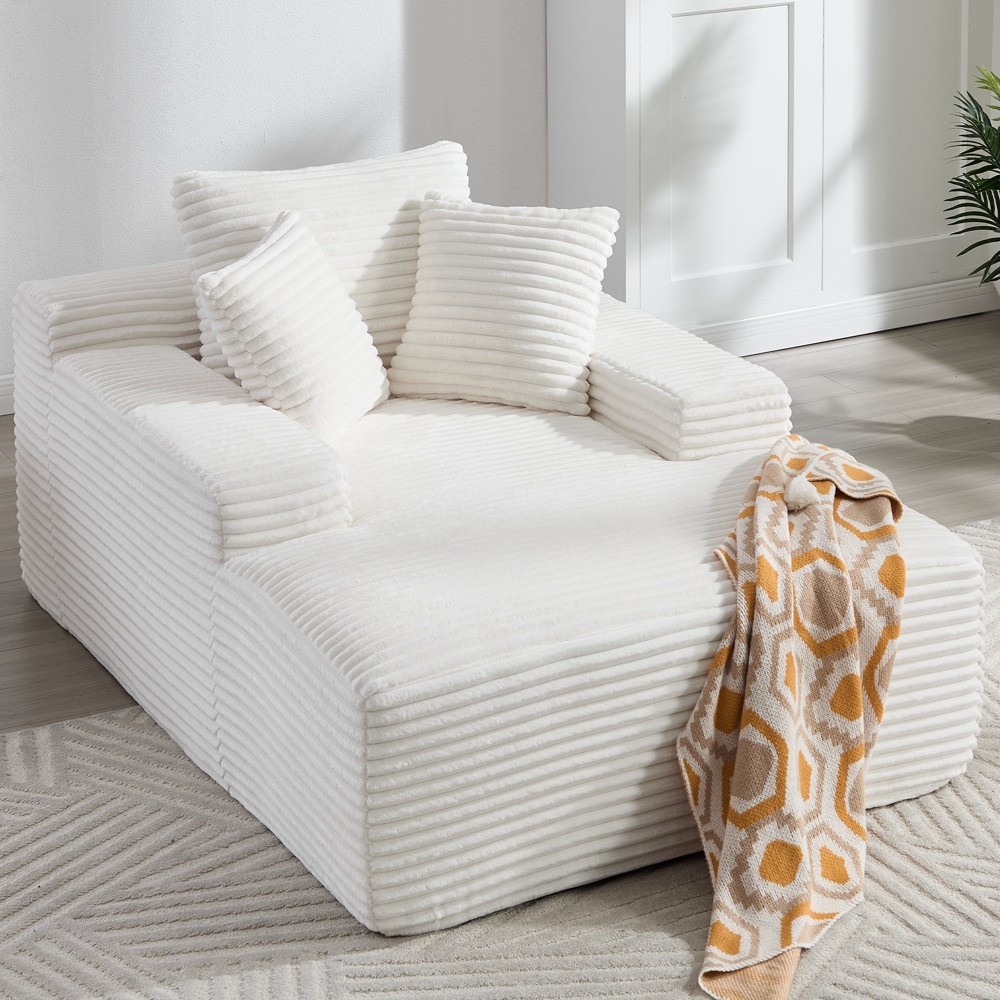 67 in. Chaise Lounge Chair 9.9 in. Wide Armrest Indoor Corduroy Oversized Sleeper Sofa for Living Room Deep Seat Lounge and Three Soft Pillows Convertible Boneless Sofa Bed, White, No Assembly Required