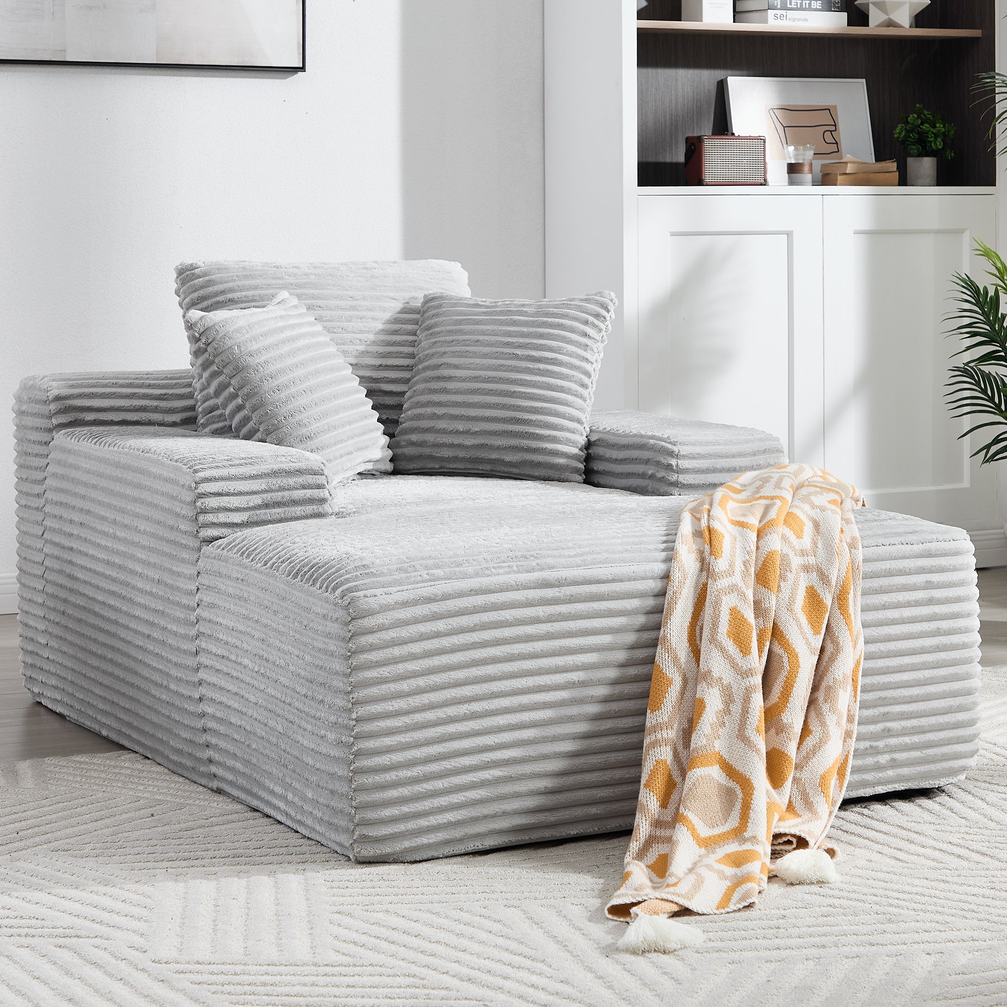 67 in. Chaise Lounge Chair 9.9 in. Wide Armrest Indoor Corduroy Oversized Sleeper Sofa for Living Room Deep Seat Lounge and Three Soft Pillows Convertible Boneless Sofa Bed, Light Grey,No Assembly Required