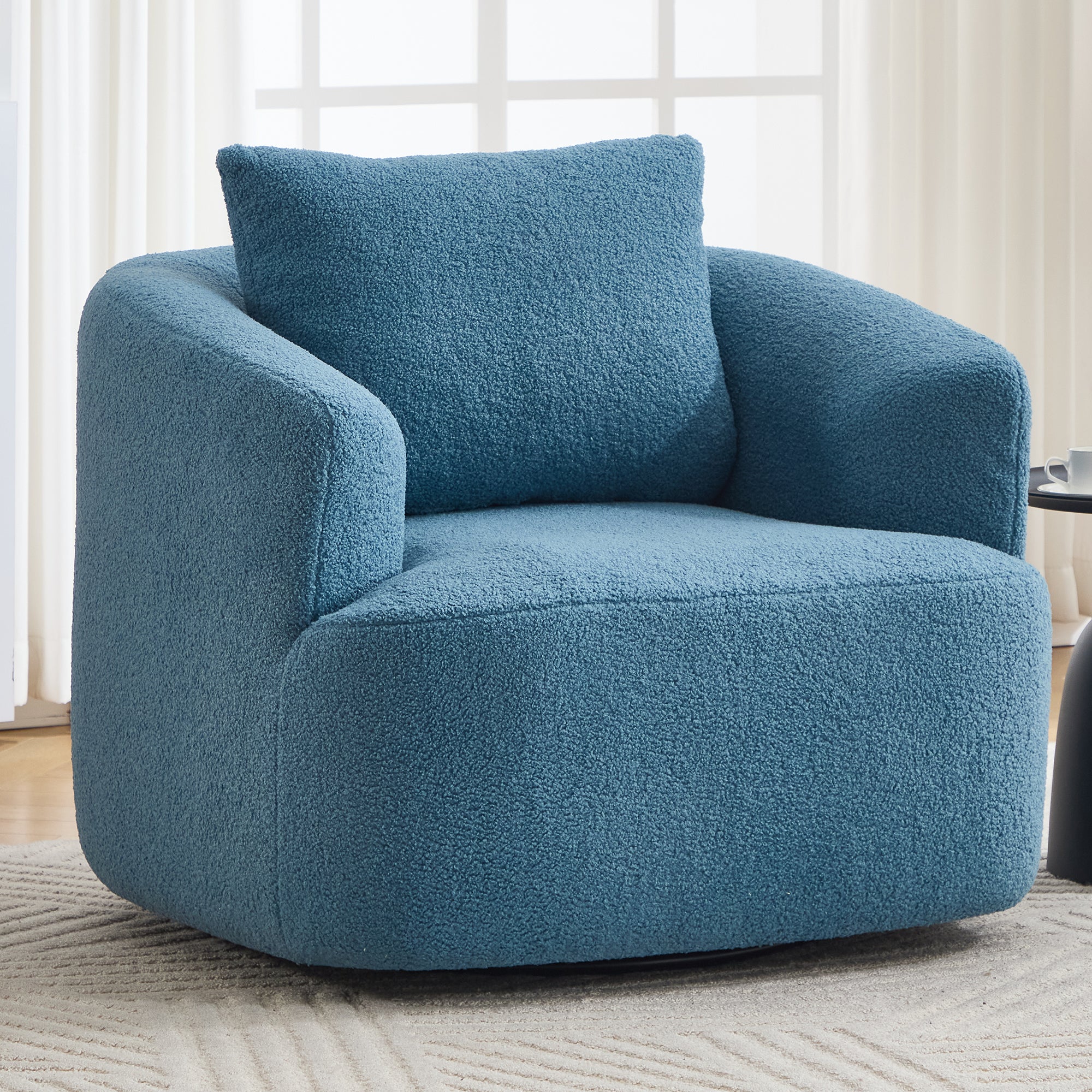 360 Swivel Round Upholstered Comfy Chair With One Soft Pillow, Teddy Fleece High-Resilience Sponge Single Sofa, No Assembly for Living Room, Bedroom, Apartment, Blue