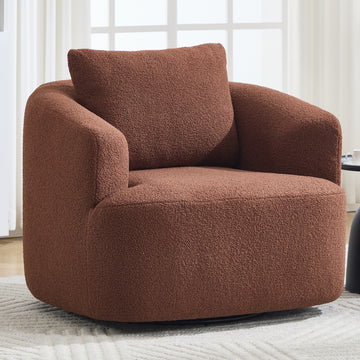 360 Swivel Round Upholstered Comfy Chair With One Soft Pillow, Teddy Fleece High-Resilience Sponge Single Sofa, No Assembly for Living Room, Bedroom, Apartment, Caramel Brown