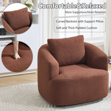 360 Swivel Round Upholstered Comfy Chair With One Soft Pillow, Teddy Fleece High-Resilience Sponge Single Sofa, No Assembly for Living Room, Bedroom, Apartment, Caramel Brown